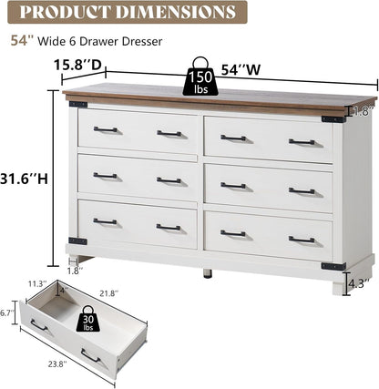 5-Piece Farmhouse Bedroom Set, Includes Wood Rustic King Bed Frame with 54" Tall Headboard, 6 Drawer Dresser Chests, 5 Drawers Tall Dresser, Nightstands Set of 2 with Charging Station, White