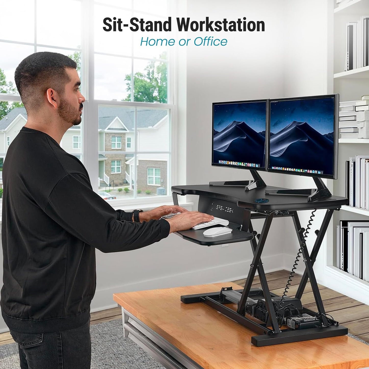VRSADESK Powerpro™ Electric Standing Desk Converter - Height Adjustable Desk Riser with Keyboard Tray - Holds 80 Lbs - Built-In USB Charging Port - Ergonomic Sit Stand Workstation | White (36 Inch)