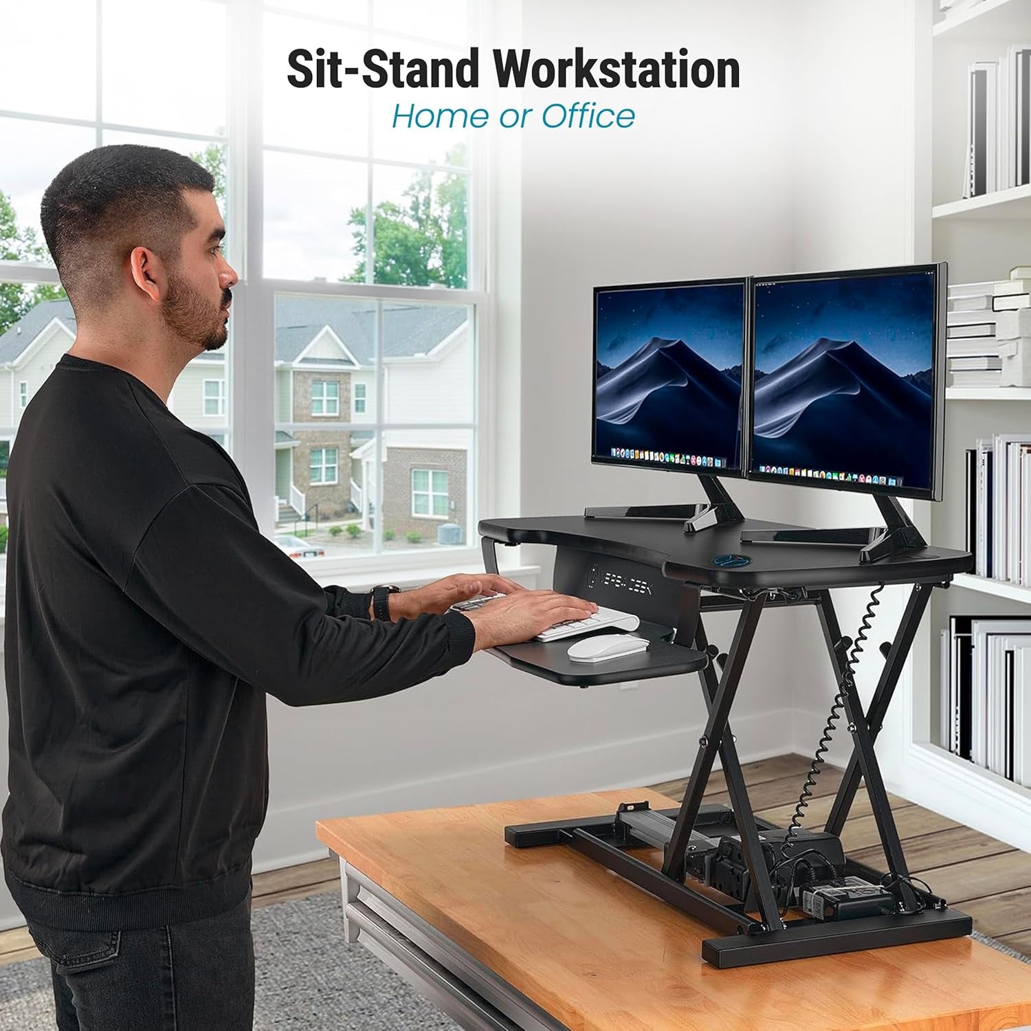 VRSADESK Powerpro™ Electric Standing Desk Converter - Height Adjustable Desk Riser with Keyboard Tray & USB Hub - Holds 80 Lbs - Ergonomic Sit Stand Workstation for Home & Office | Maple (40” X 24”)