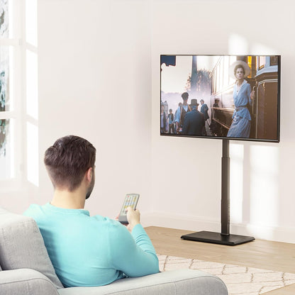 Floor TV Stand with Power Outlet, Tall TV Stand Mount for 32-75 Inch TV up to 110 Lbs, Swivel and Height Adjustable TV Stands with Wood Base for Bedroom, Office(Tvdvd-7P), Black