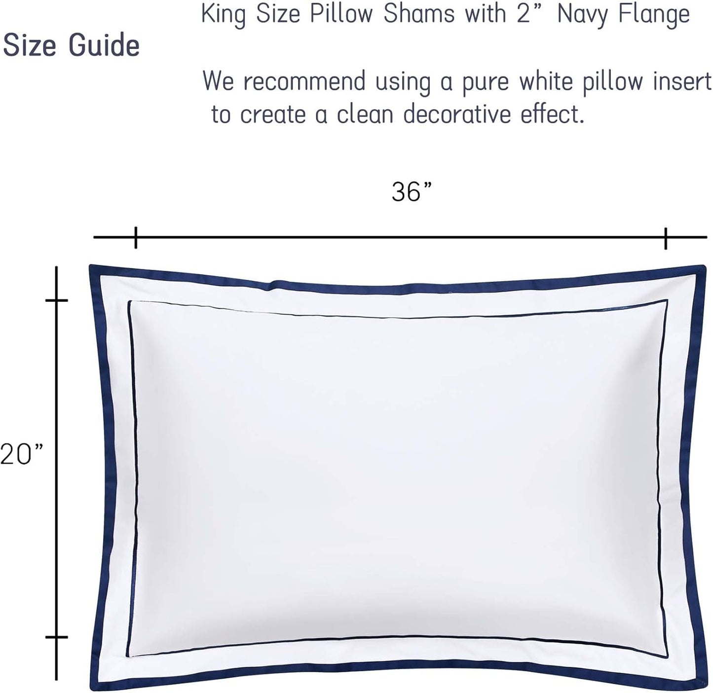 White King Pillow Shams Set of 2, 100% Cotton Luxury Hotel Pillowcases with Navy Embroidered Double Border, Soft Smooth Elegant Decorative Pillow Cases with Envelpe Closure, 20X36 Inches
