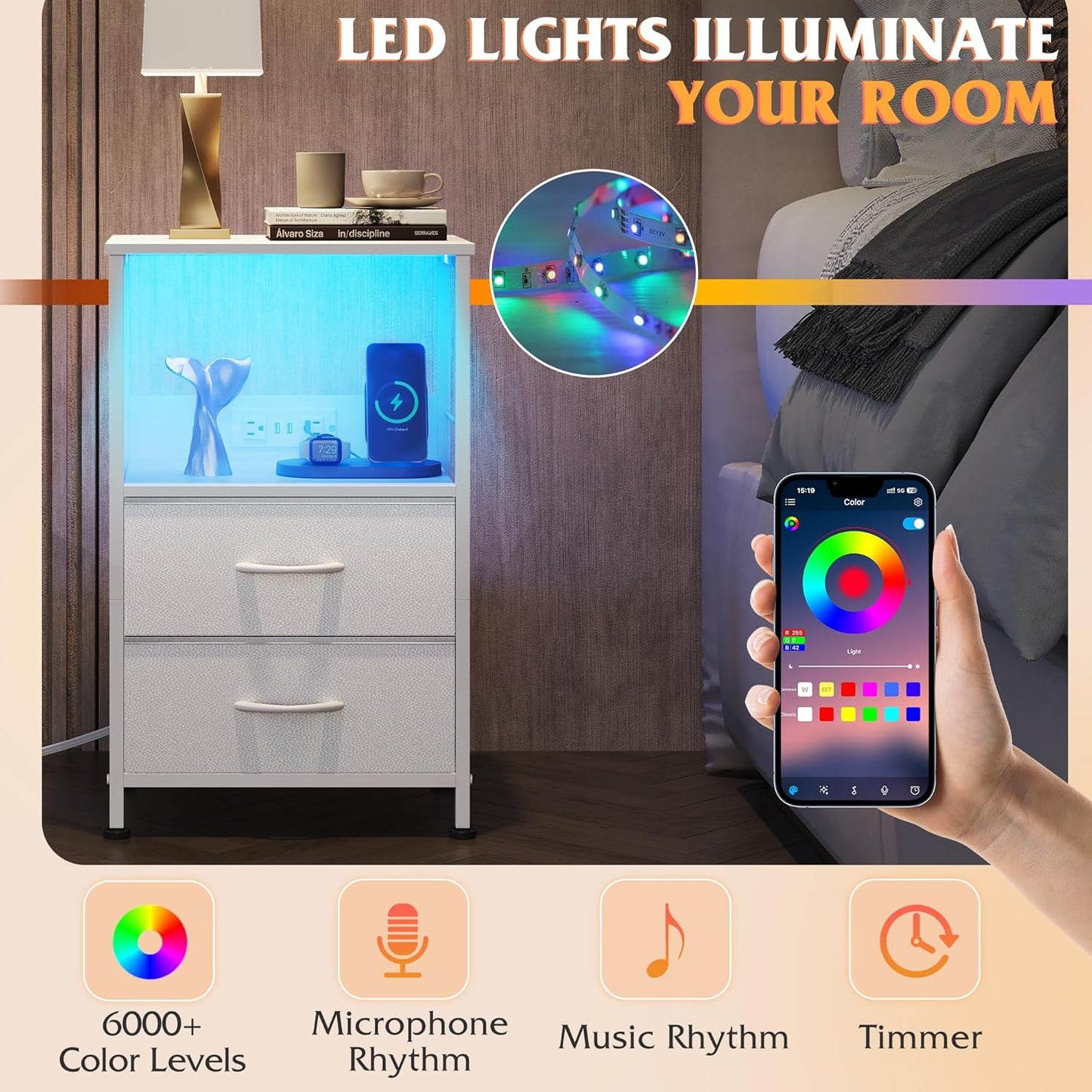 White Night Stand with Charging Station, LED Nightstand with 2 Fabric Drawers and Storage Shelf, Dorm Bedside Table End Table with 2 USB Ports and Outlets, Small Dresser for Bedroom