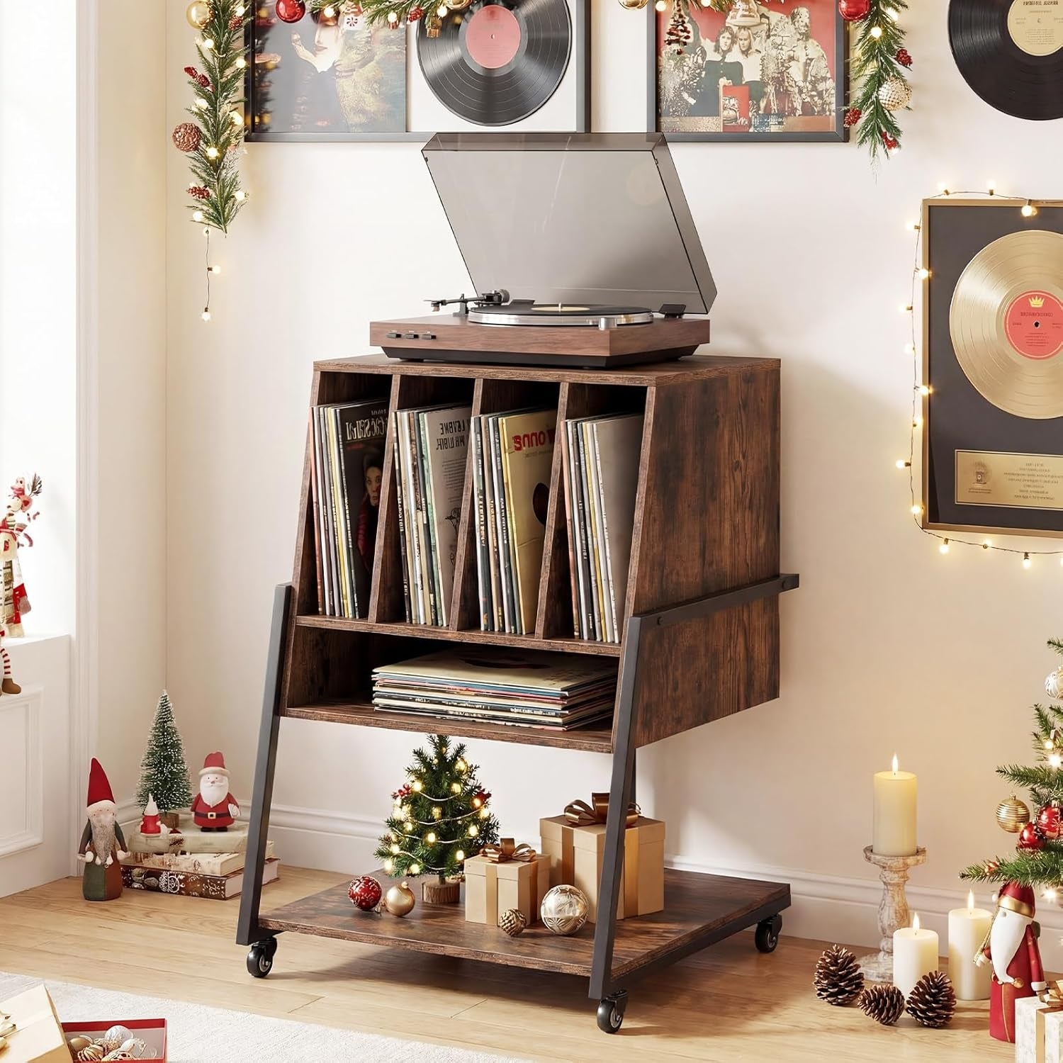 Record Player Stand on Wheels, 3-Tier Turntable Stand with Charging Station, Compartment & Open Shelf, Holds up to 150 Vinyl Records, Modern Vinyl Record Storage for Small Spaces, Rustic Brown