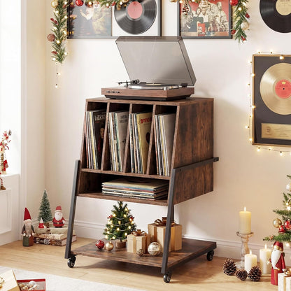 Record Player Stand on Wheels, 3-Tier Turntable Stand with Charging Station, Compartment & Open Shelf, Holds up to 150 Vinyl Records, Modern Vinyl Record Storage for Small Spaces, Rustic Brown