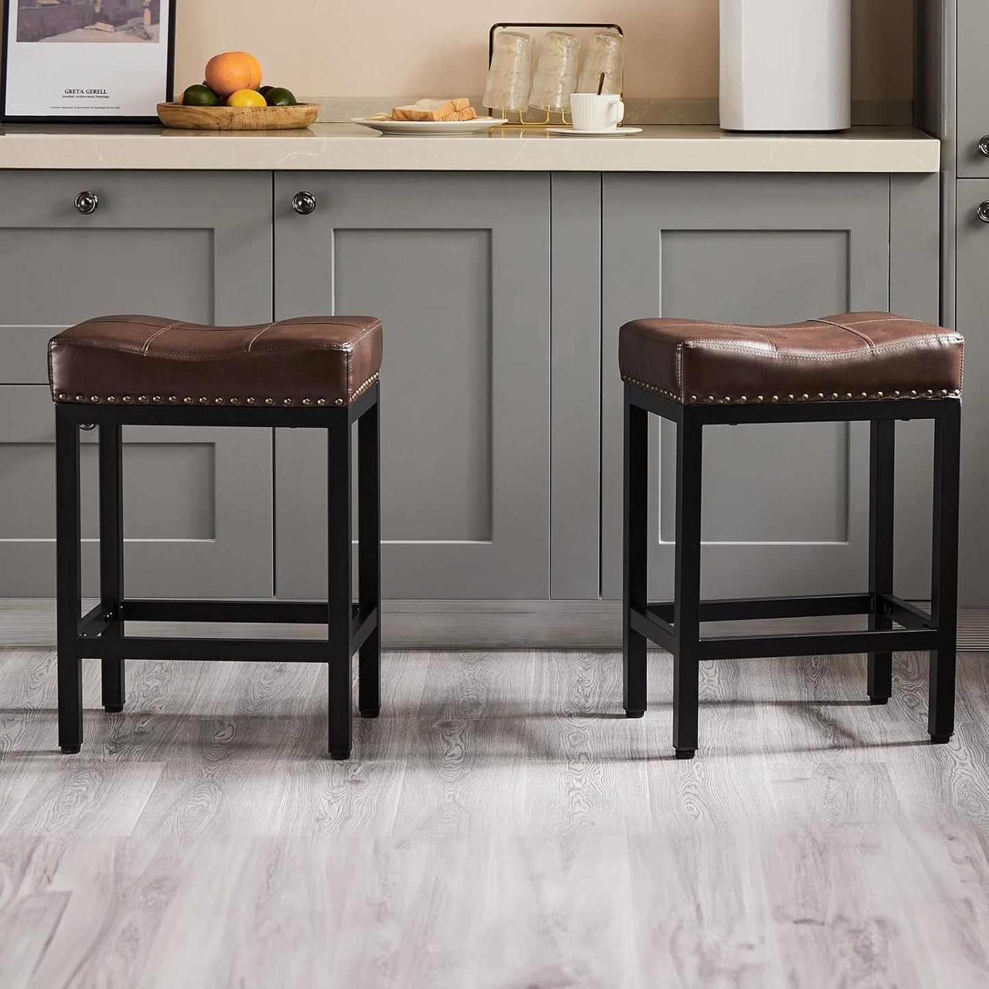 Bar Stools Set of 2, 24 Inch Counter Height Stools, PU Leather Upholstered Bar Chairs with Footrest, Modern Bar Stools for Kitchen Island, Dining, Living Room, Brown