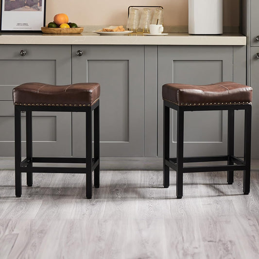 Bar Stools Set of 2, 24 Inch Counter Height Stools, PU Leather Upholstered Bar Chairs with Footrest, Modern Bar Stools for Kitchen Island, Dining, Living Room, Brown