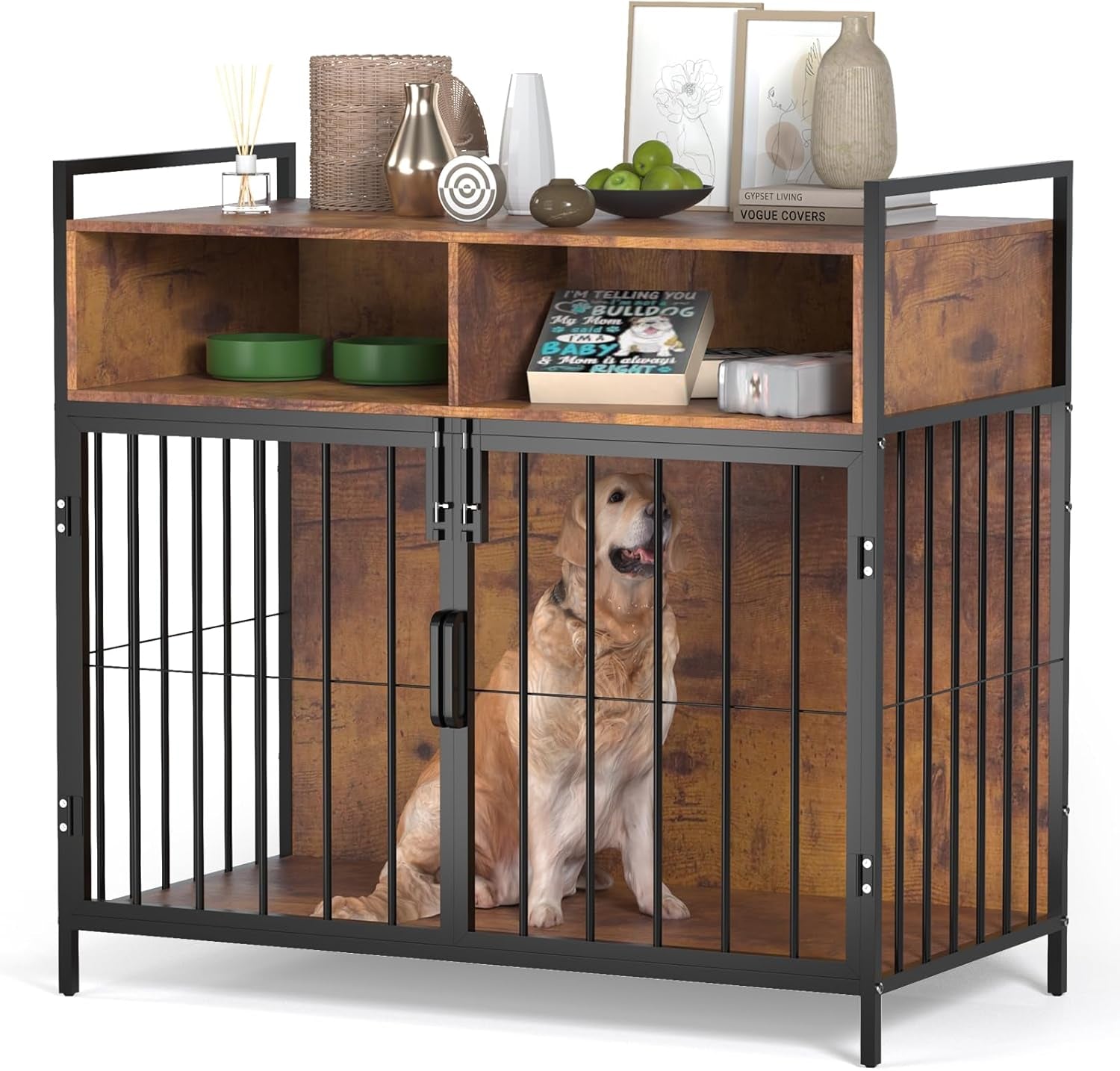 40/32 Inches Furniture-Style Cages,Large Medium Dog Kennels Indoor,Wood Dog Crate Table with Drawers Storage(Rustic Brown)