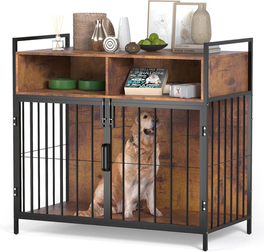 40/32 Inches Furniture-Style Cages,Large Medium Dog Kennels Indoor,Wood Dog Crate Table with Drawers Storage(Rustic Brown)