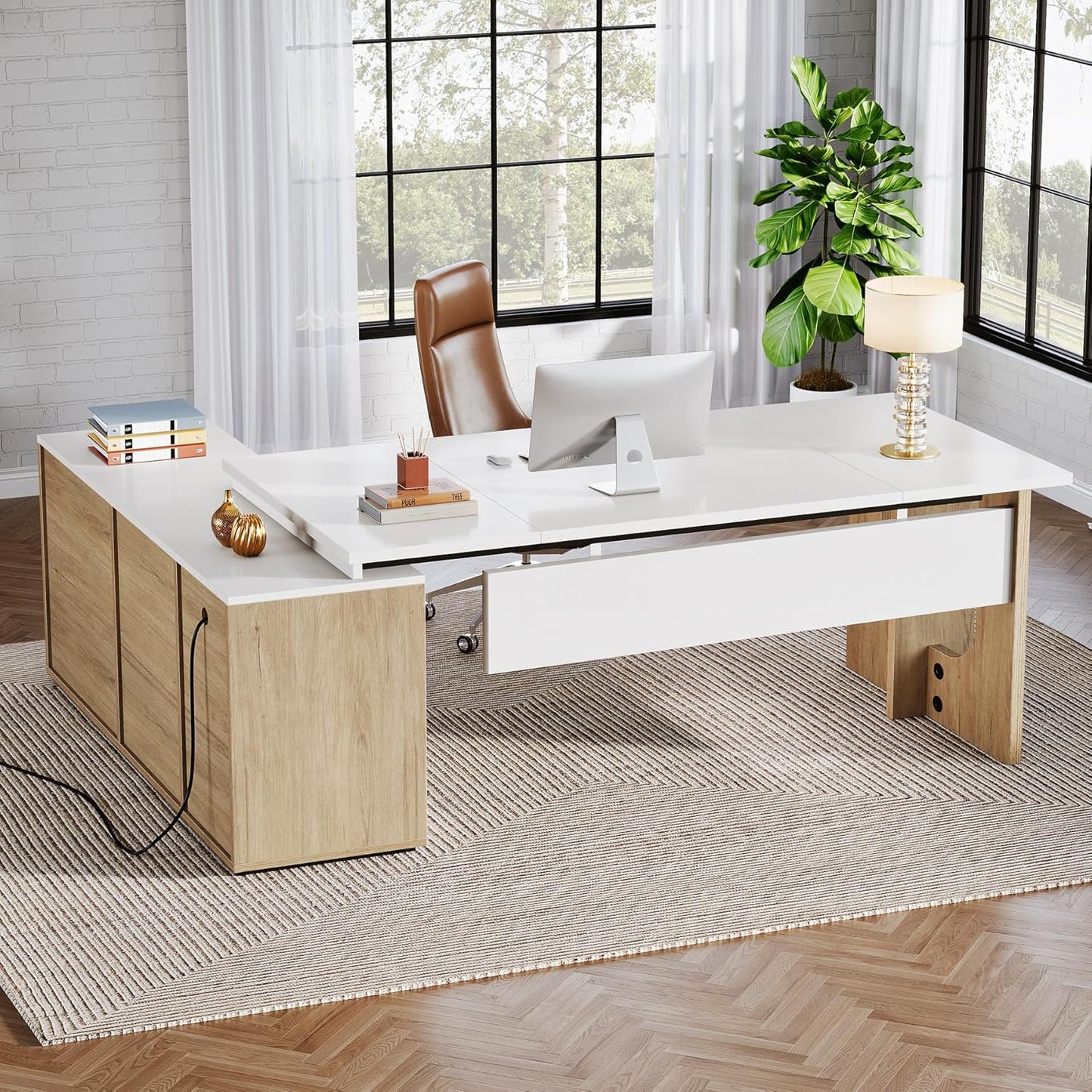 74.8 Inch Executive Desk, Large Office Desk with Cabinet, L Shaped Computer Desk with Shelves and CPU Storage, Modern Home Office Desks Business Furniture Workstation Set, White and Wood