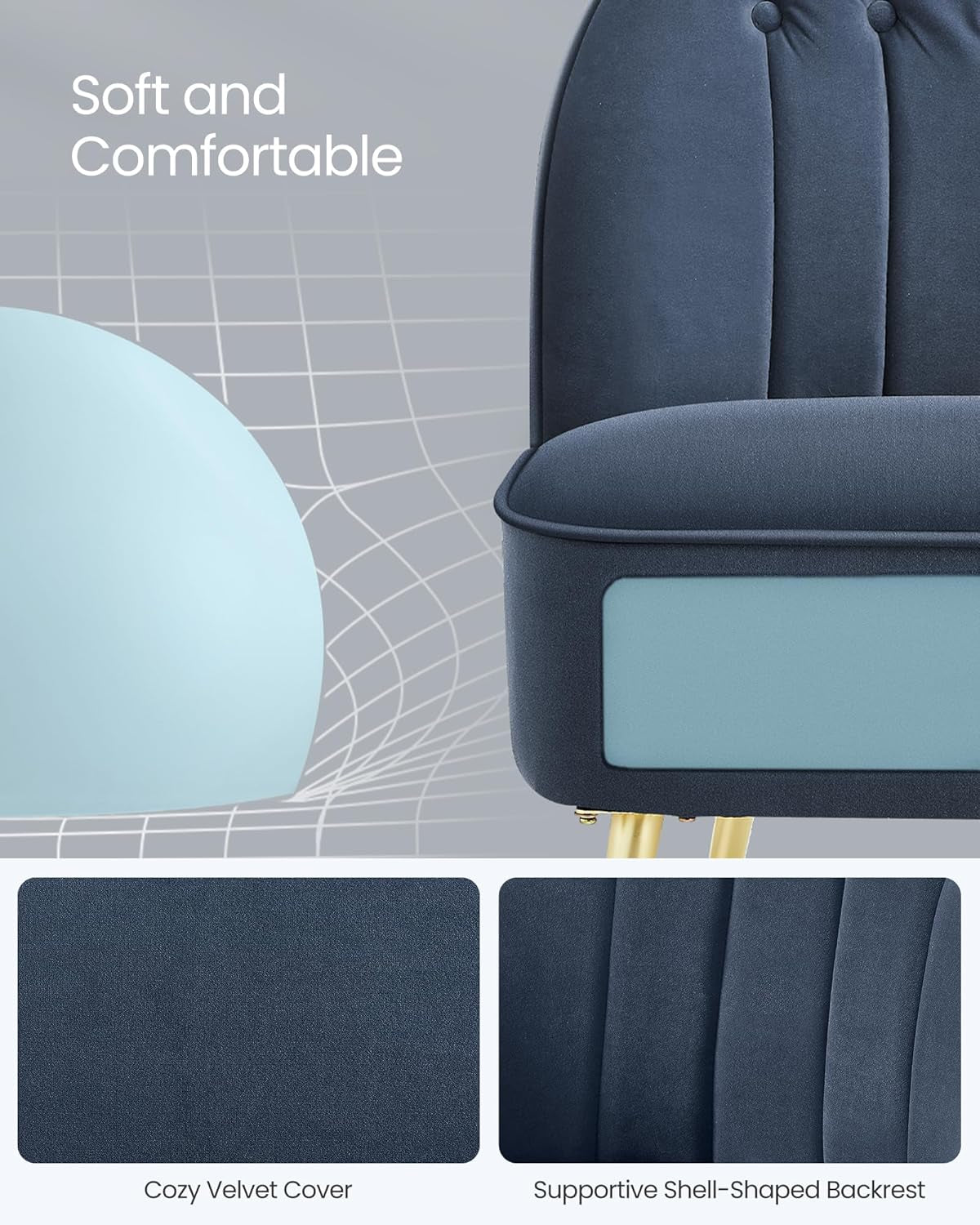 Accent Chair, Velvet Vanity Chair with Metal Legs, Shell-Shaped Back, Wide Seat, Luxury Style, Comfy Chair for Living Room, Bedroom, Makeup Room, Office, Charcoal Blue ULAC017Q01