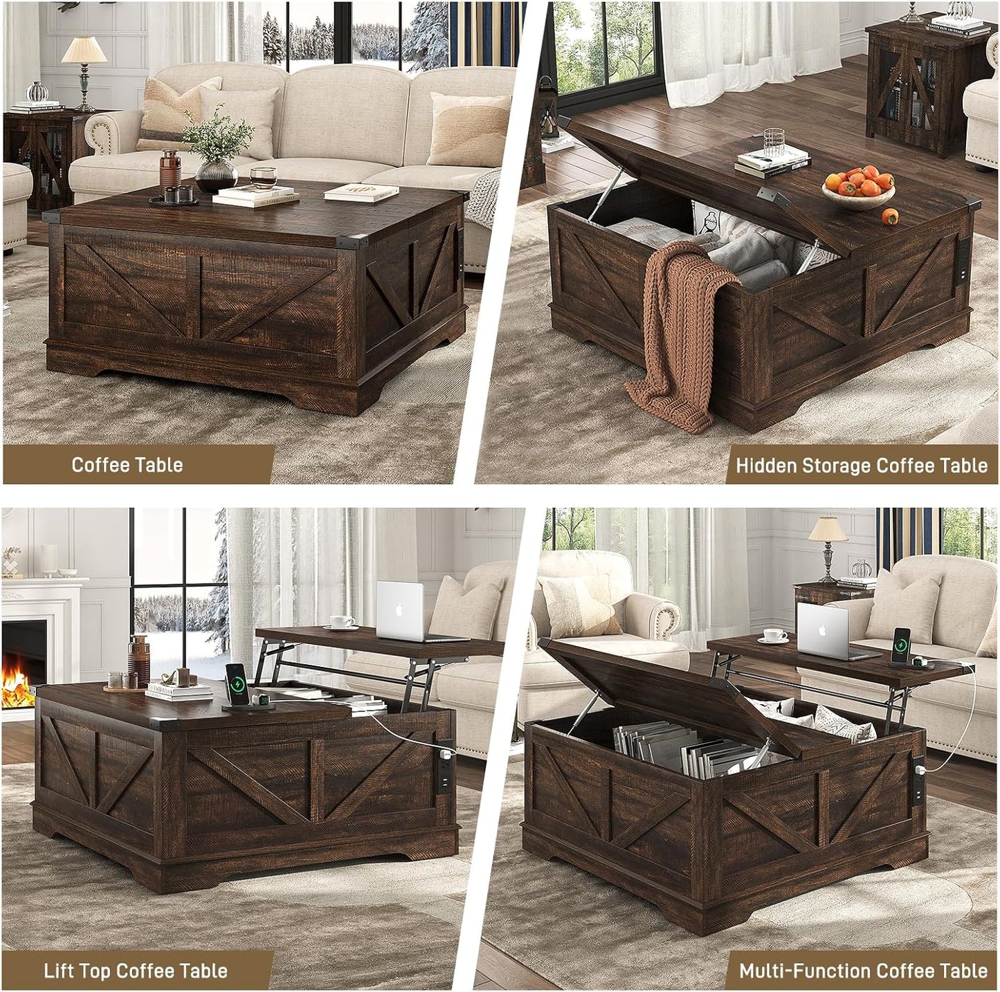40” Large Farmhouse Lift Top Coffee Table with Power Outlets and Large Hidden Storage, Square Wood Living Room Tables, Multi-Function Lift Wooden Barn Door Center Table, Brown