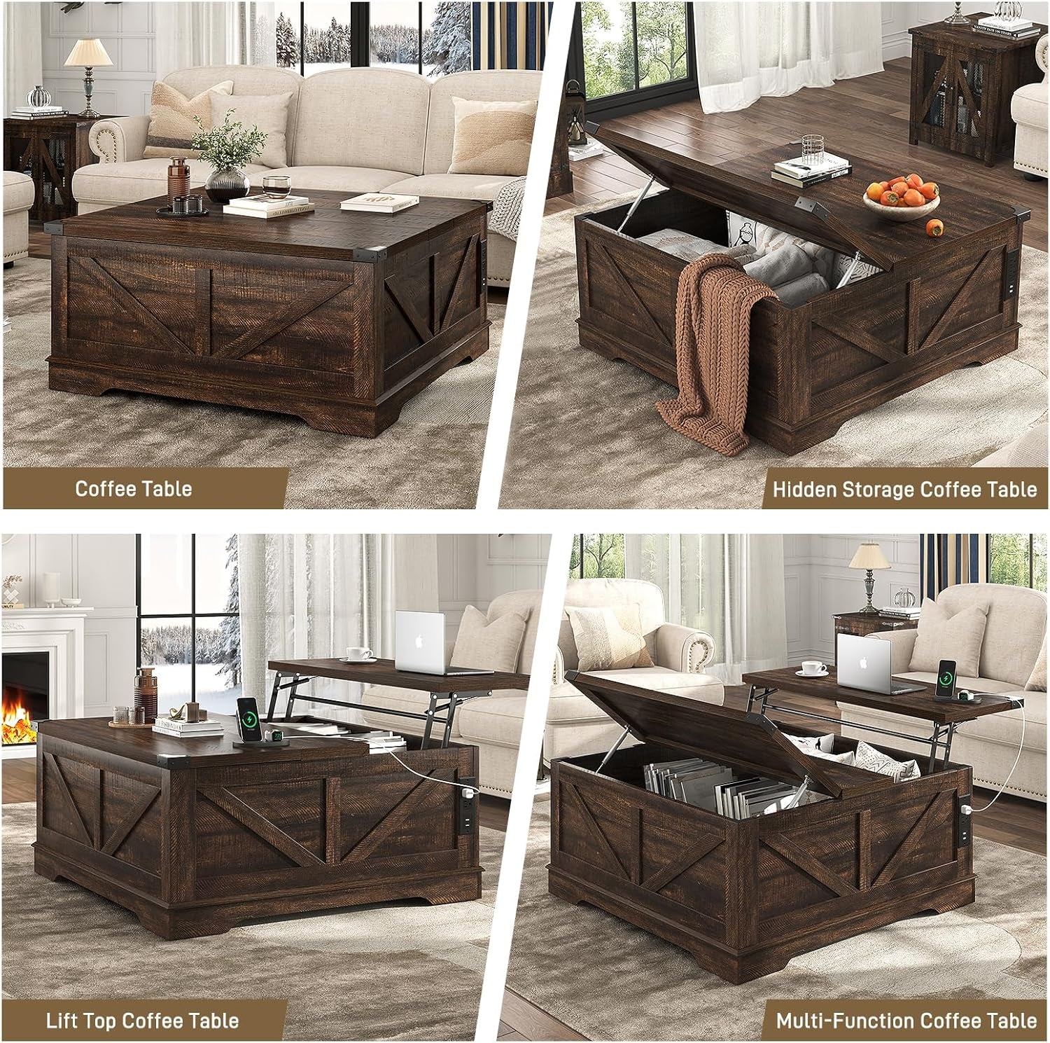 40” Large Farmhouse Lift Top Coffee Table with Power Outlets and Large Hidden Storage, Square Wood Living Room Tables, Multi-Function Lift Wooden Barn Door Center Table, Brown