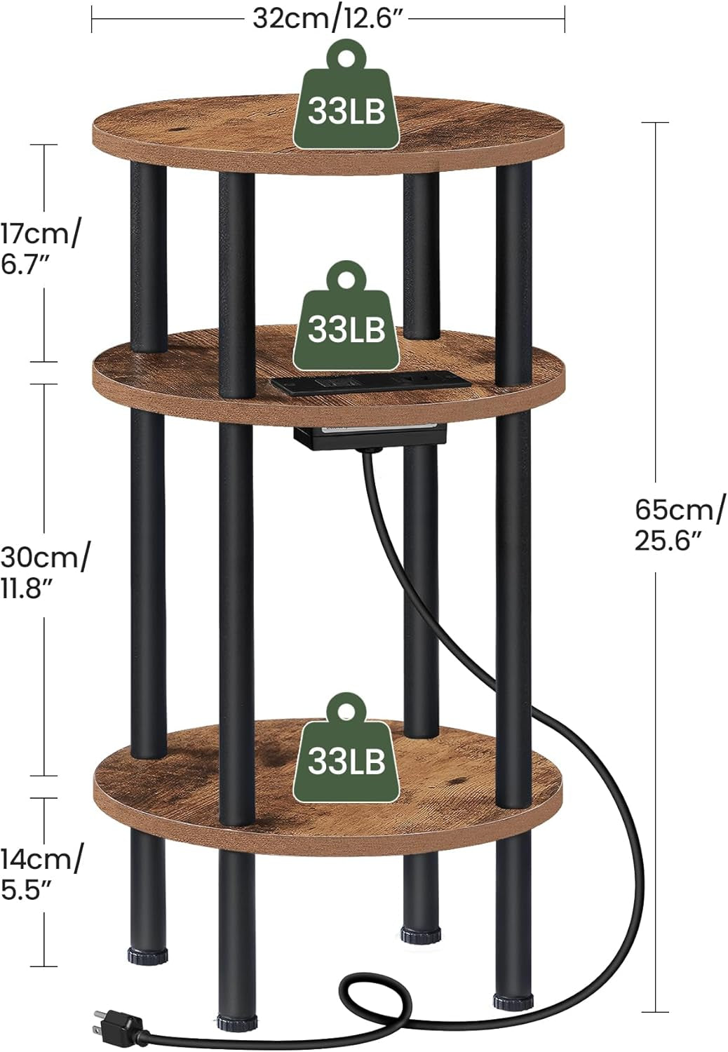 Round Side Table with Charging Station, Small round End Table, 3-Tier Sofa Side Tables for Small Spaces, Nightstand for Living Room, Bedroom, Rustic Brown and Black TBZ06UBF