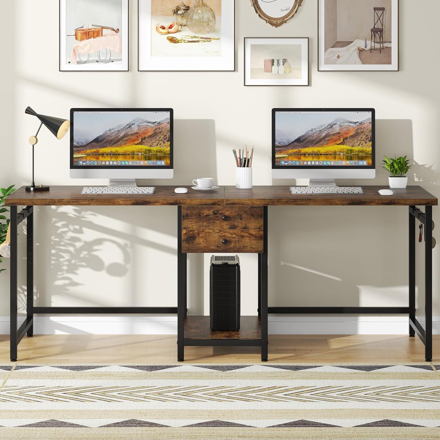 Two Person Desk, 79 Inch Double Desk with 2 Drawers, Large Computer Desk Long Desks with Storage Shelves, Writing Table Study Desk for Home Office, Rustic Brown (NY001)