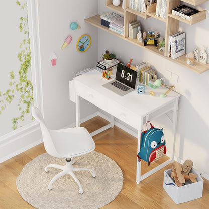 Small White Kids Desk with Drawers for Bedroom, 32 Inch Home Office Desks with Fabric Storage Drawer and Bag, Study Writing Vanity Table for Small Spaces, White