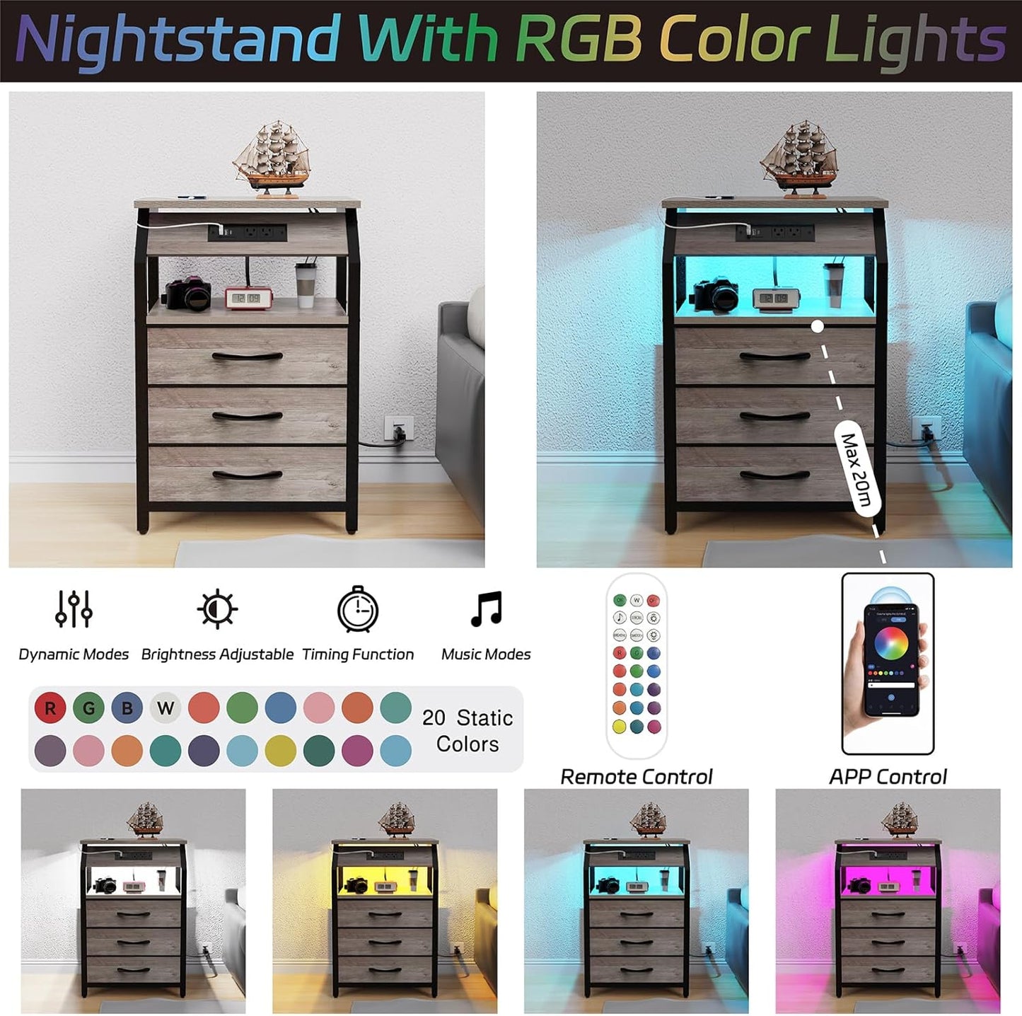 Night Stand Set of 2, Nightstands with Charger Station and LED Lights, End Tables Set with 3 Fabric Drawers, Storage Side Tables for Bedside, Living Room, Greige