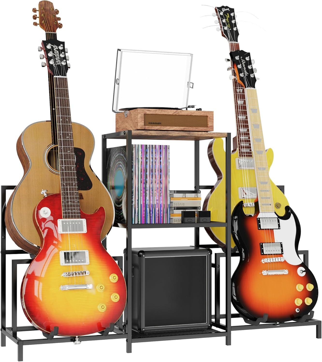 Guitar Rack Multi Guitar Stand for Multiple Guitars, Multiple Guitar Rack Holder with 3 Tier Shelf for Acoustic, Electric Guitar, Bass, Record Player, Guitar Display Stand for Home Music Studio