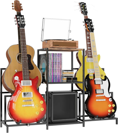Guitar Rack Multi Guitar Stand for Multiple Guitars, Multiple Guitar Rack Holder with 3 Tier Shelf for Acoustic, Electric Guitar, Bass, Record Player, Guitar Display Stand for Home Music Studio