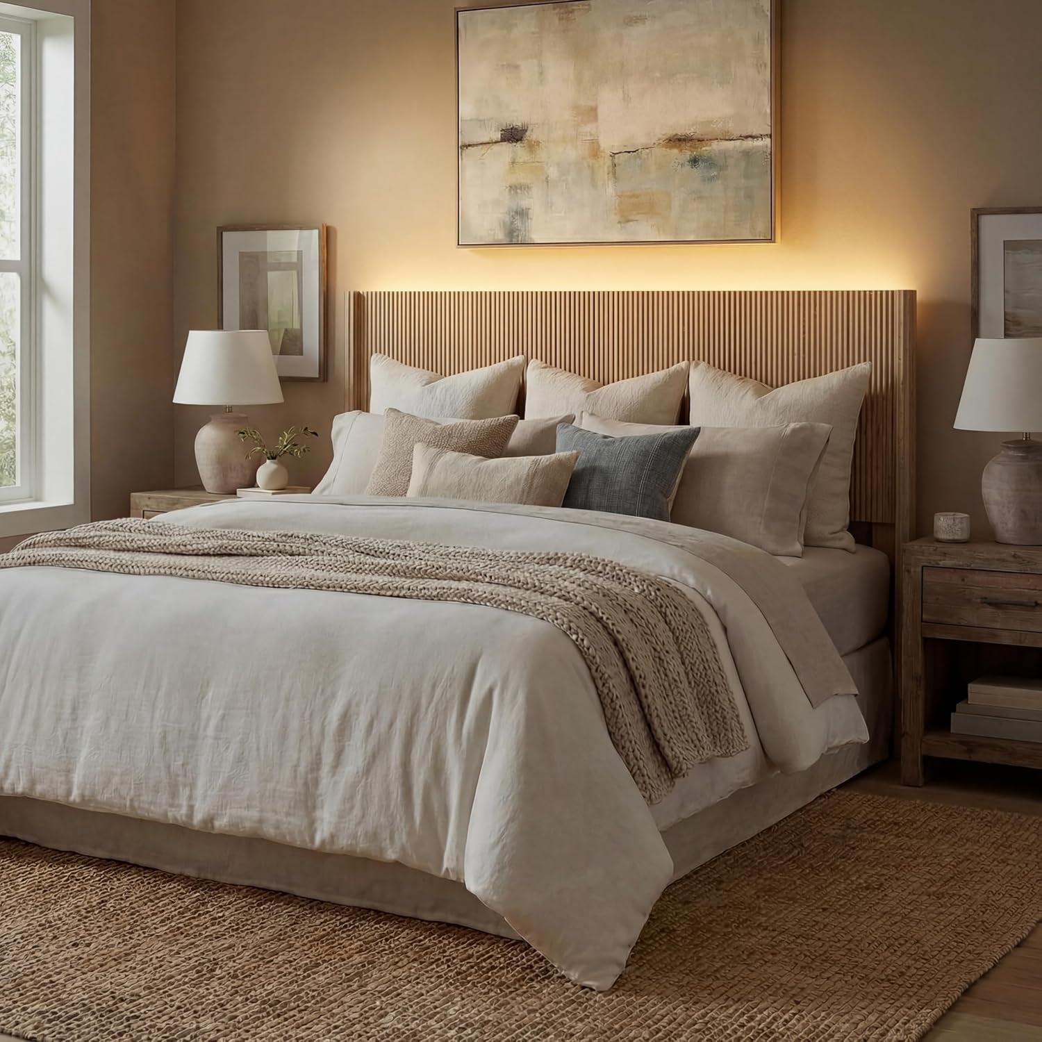 King Size Headboard Only, Modern Fluted Wall-Mounted Head Board with Lighting, Boho Wood Bed Headboard Stylish Bedroom Decor, Natural