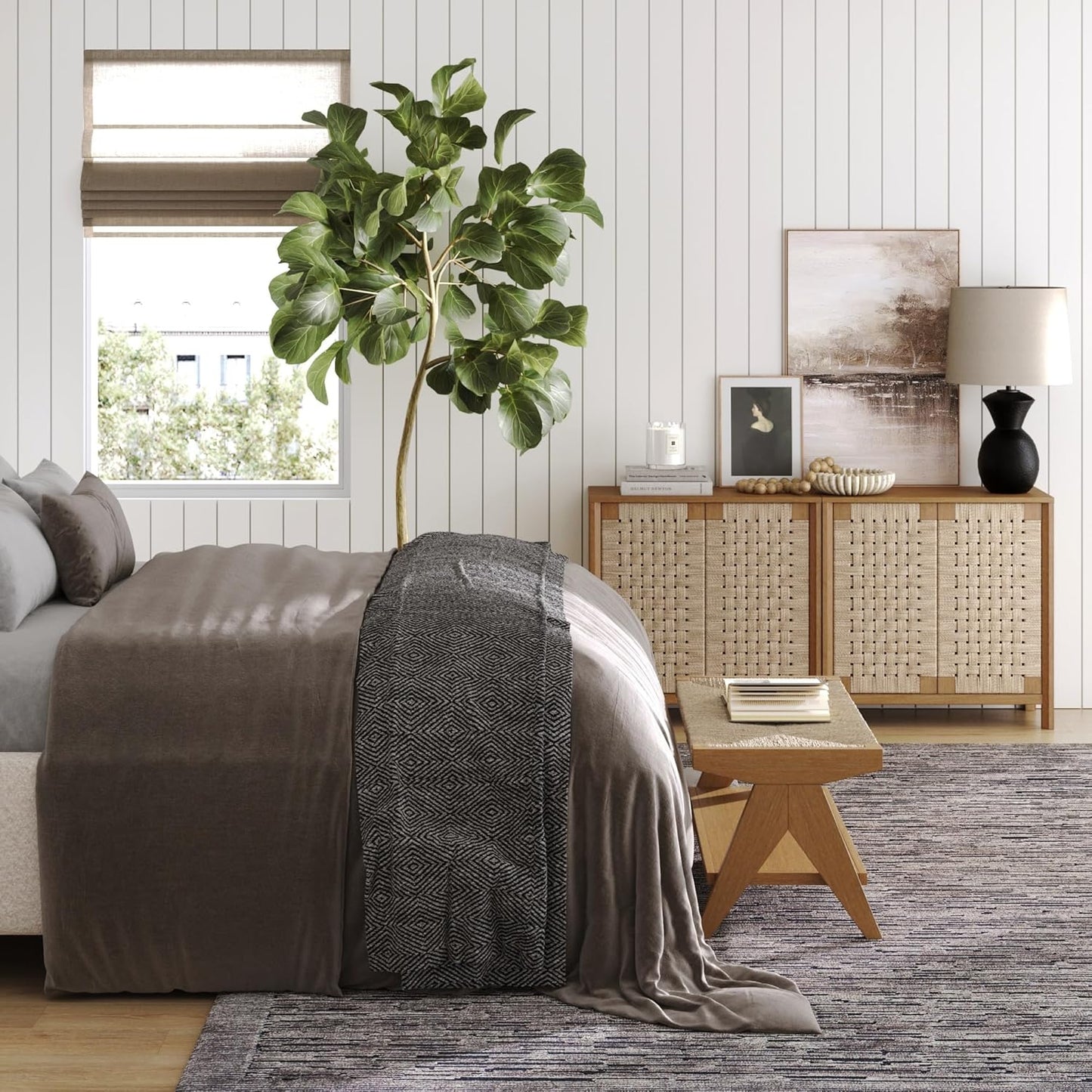 Aerie Rustic Wood Cabinet, Boho Living Room Storage Cabinet with Seagrass Door Panels and Solid Wood Legs, Light Brown