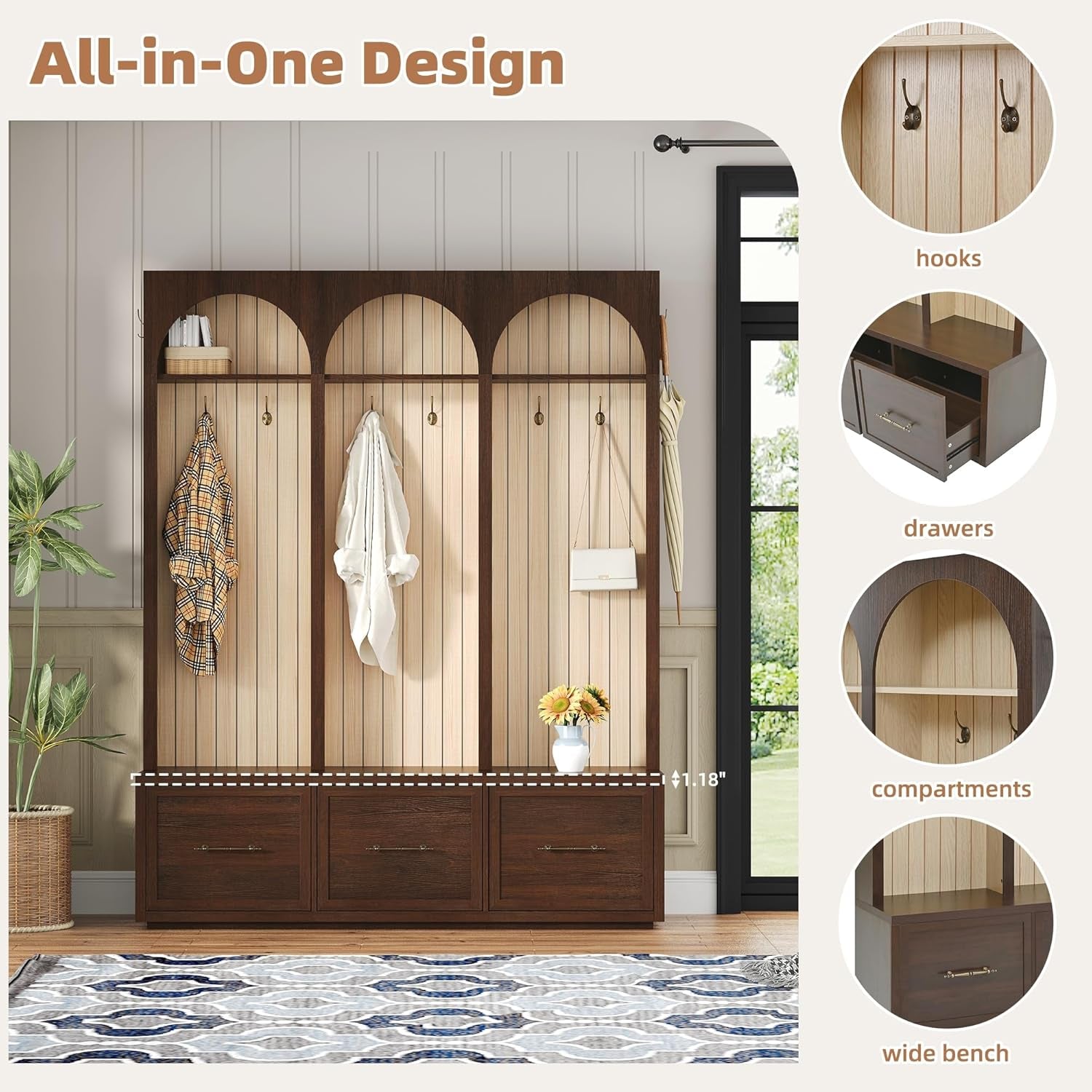 Hall Tree with Bench & 3 Large Storage Drawers, Arched Design Farmhouse Wooden Style 59" Wide Entryway Coat Rack with 8 Hooks for Mudroom, Living Room (Dark Walnut, 74.8" H)