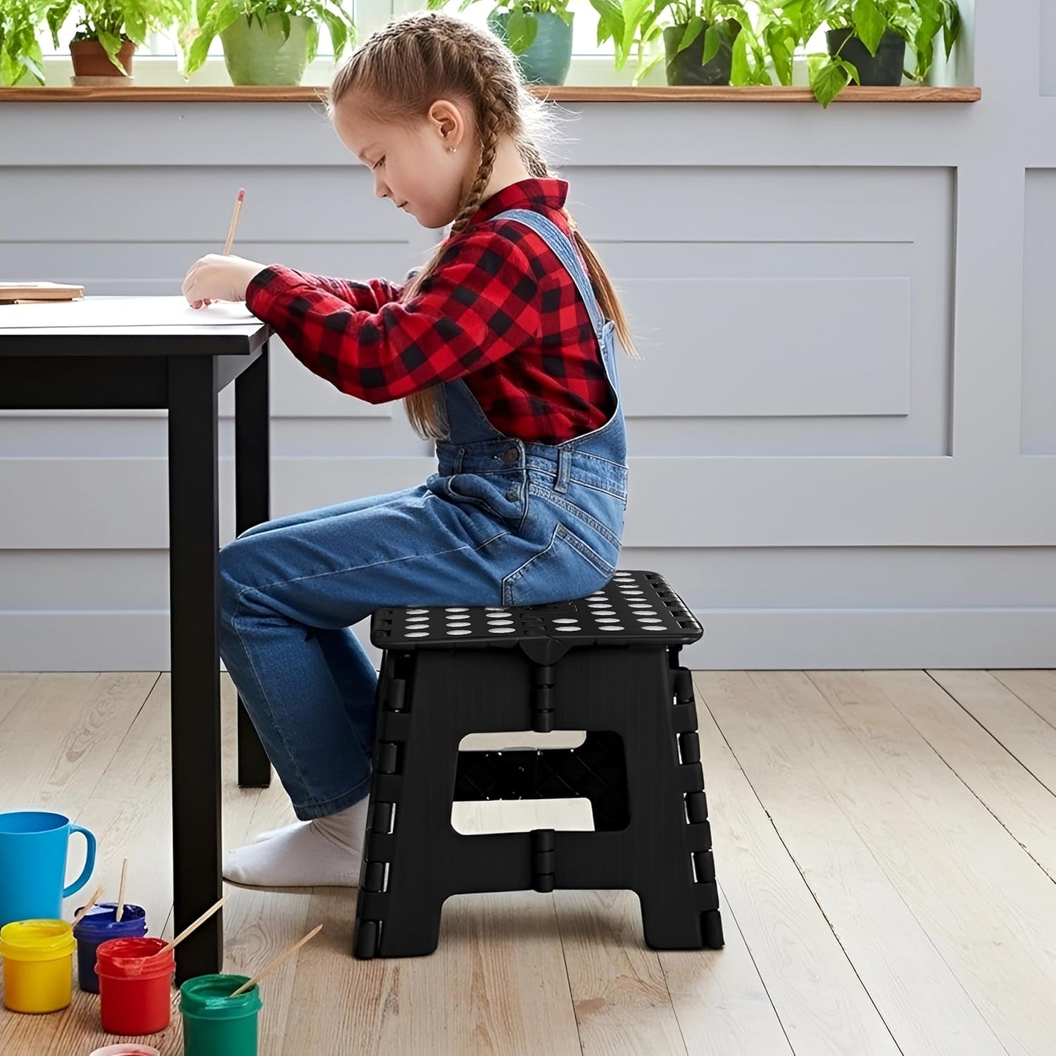 Folding Step Stool with Handle - (Pack of 1) Anti-Slip Foot Stool with 9 Inch Height - Holds up to 300 Lbs - Sturdy Plastic Foldable Step Stool for Kitchen, Bathroom & Living Room (Black)