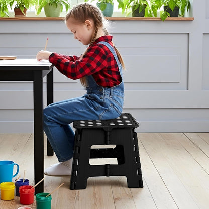 Folding Step Stool with Handle - (Pack of 1) Anti-Slip Foot Stool with 9 Inch Height - Holds up to 300 Lbs - Sturdy Plastic Foldable Step Stool for Kitchen, Bathroom & Living Room (Black)