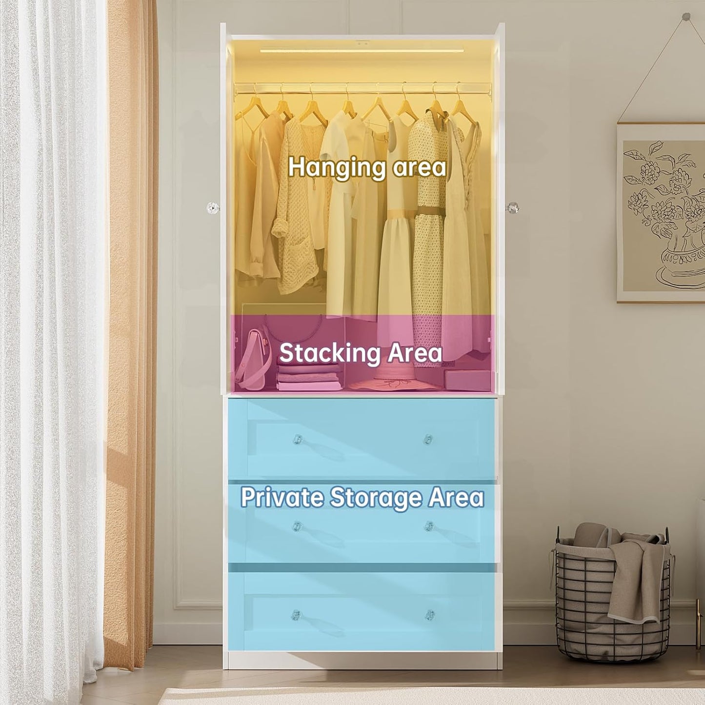 75" Tall Armoire Wardrobe Closet with Drawers & Lights, Clothing Storage Cabinet with 2 Glass Doors & Hanging Rod, Wooden Armoire Storage Cabinet for Bedroom