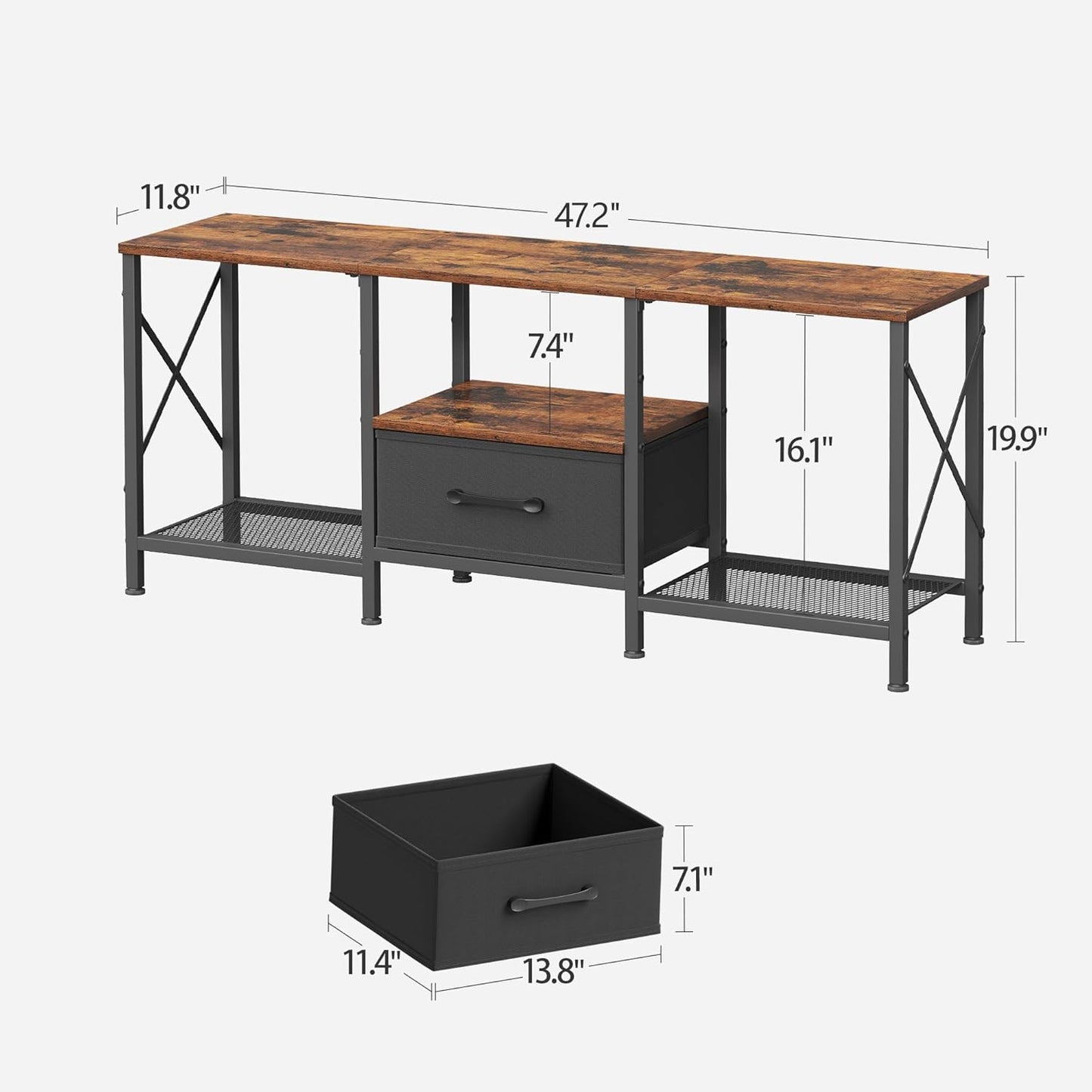 TV Stand with Fabric Drawer, Entertainment Center for 50 55 Inch TV, Industrial TV Console Table with Open Storage Shelves for Living Room, Bedroom, Rustic Brown