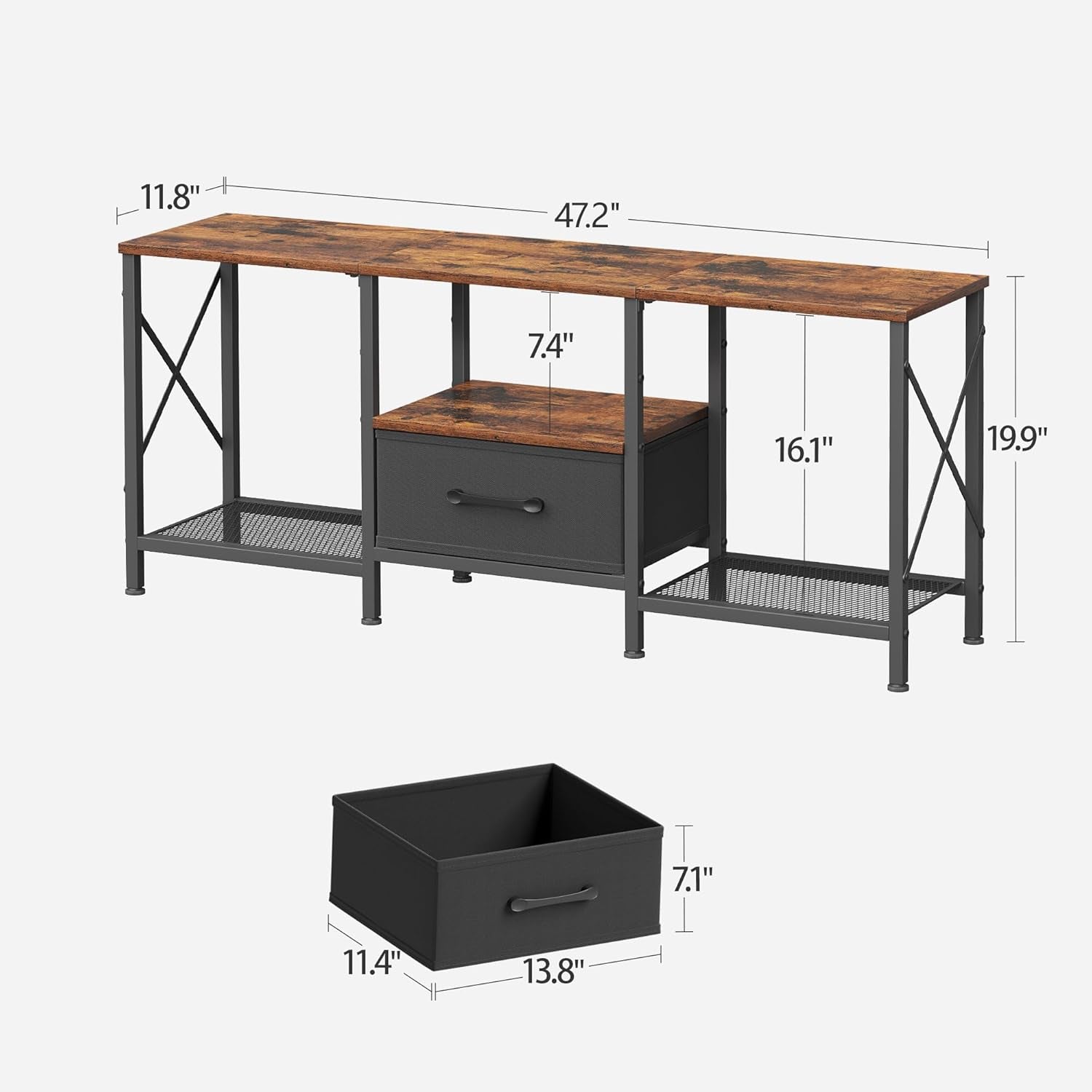 TV Stand with Fabric Drawer, Entertainment Center for 50 55 Inch TV, Industrial TV Console Table with Open Storage Shelves for Living Room, Bedroom, Rustic Brown