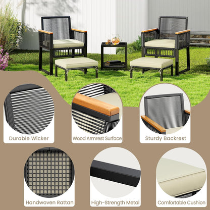 5-Piece Outdoor Conversation Set, Wicker Rattan Patio Furniture Set W/Rattan Armchairs, 2-Layer Side Table, Ottomans, Acacia Wood Armrests & Metal Frame for Backyard, Porch, Balcony
