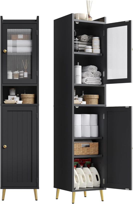 69'' Tall Bathroom Storage Cabinet with 2 Adjustable Shelves, Black 6 Tier Narrow Bathroom Cabinet with 2 Doors, Slim Linen Cabinets for Brathroom,Home Office