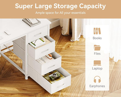 48 Inches Computer Desk with 8 Fabric Drawers, Modern Office Desk with Large Storage for Home Office, Study, White