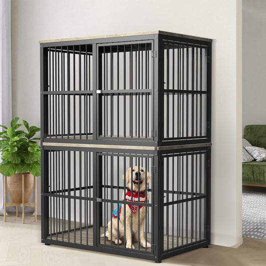 43'' Stackable Dog Crate Furniture Large Breed with Double Rooms,Wooden Dog Crate Heavy Duty Dog Kennel Indoor with Removable Divider for Small to Medium Dogs, Can Use Separately