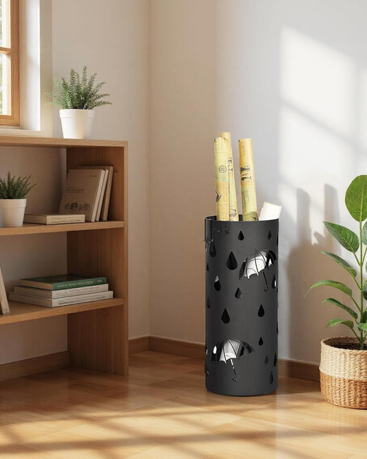 Umbrella Stand, Metal Umbrella Holder for Entryway, with Water Tray and 4 Hooks, 7.7 X 7.7 X 19.3 Inches, Round, Ink Black ULUC23B