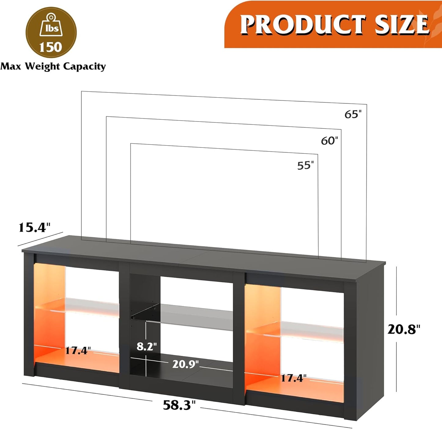 LED TV Stand for 65 Inch TV, Modern Entertainment Center with Adjustable Glass Shelves & Customizable LED Lights, Sturdy Media Console for Living Room, Bedroom,Gaming (Black)