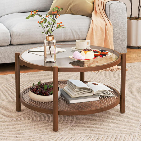 Rattan Coffee Table, Boho round Glass Tea Table with PE Rattan Storage Shelf & Wood Frame, 2 Tier Accent Center Table for Living Room, Apartment, Small Space