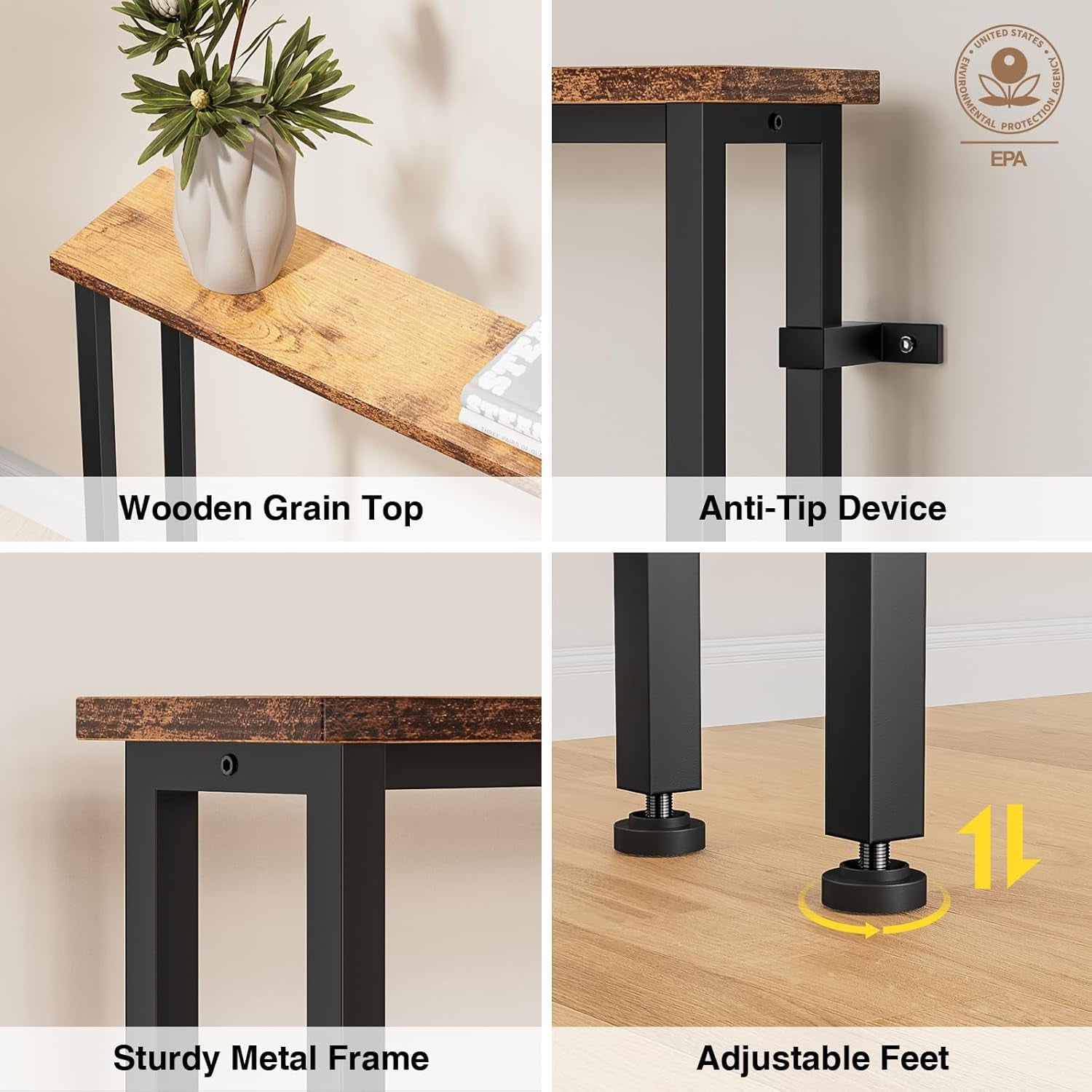 70" Narrow Console Sofa Table - 2 Power Outlets & 4 USB Ports, Metal Frame, Rustic Brown, Perfect for Hallway, Office, and behind Sofa - Easy Assembly, 4.9' Extension Cord Included