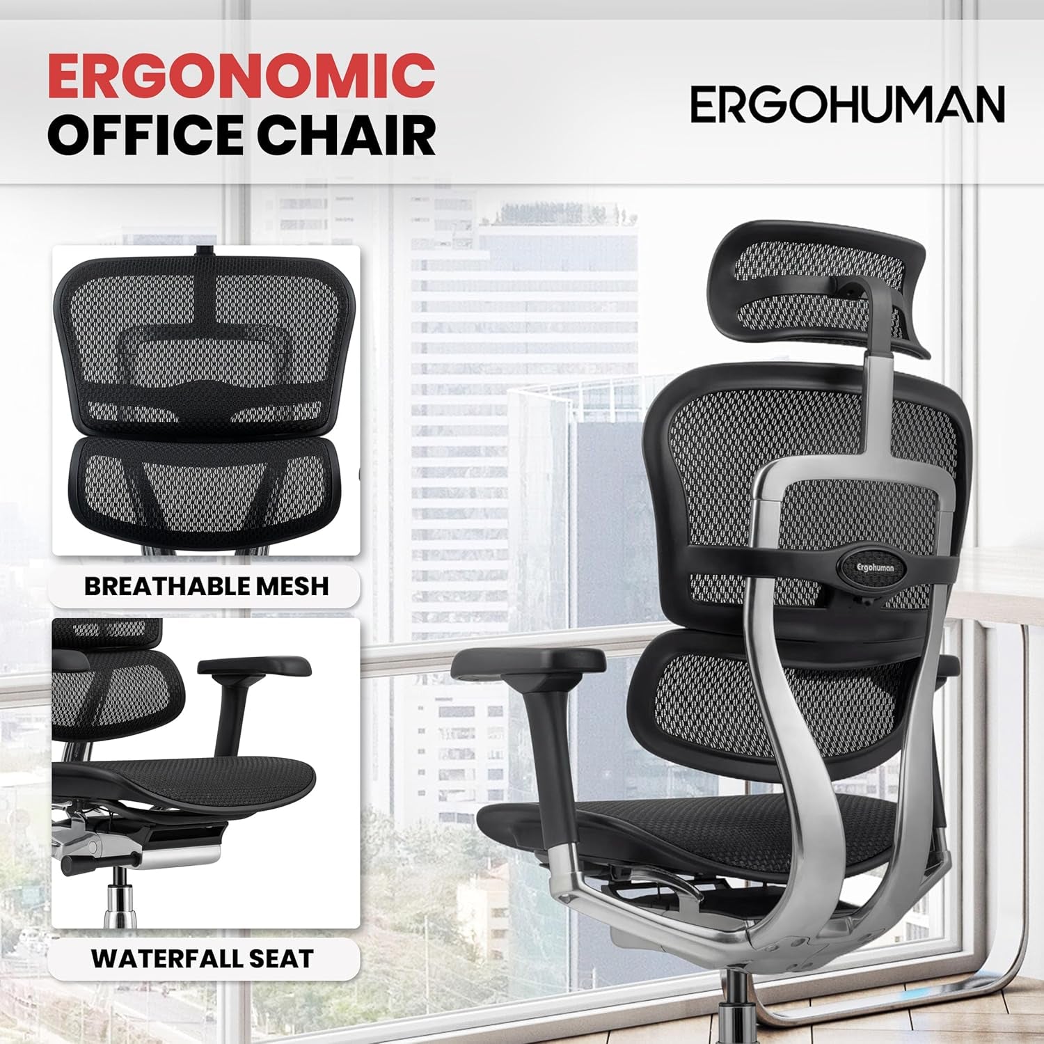 Eurotech ME7ERG GEN2 High Back Mesh Office, Computer, or Gaming Chair W/Tilt Tension Control & Lock, Back Angle/Height, Swivel Arms, Seat Height,/Depth, and Arm Height Adjustments, Black