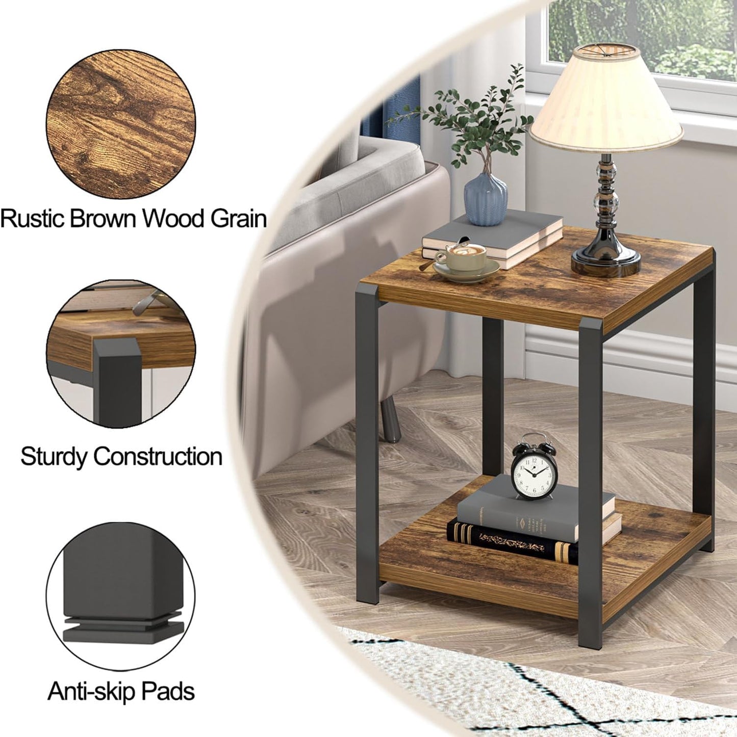 End Table with Storage Shelf, Modern Side Table for Living Room, Wood and Metal Bedside Table Nightstand, Rustic Brown