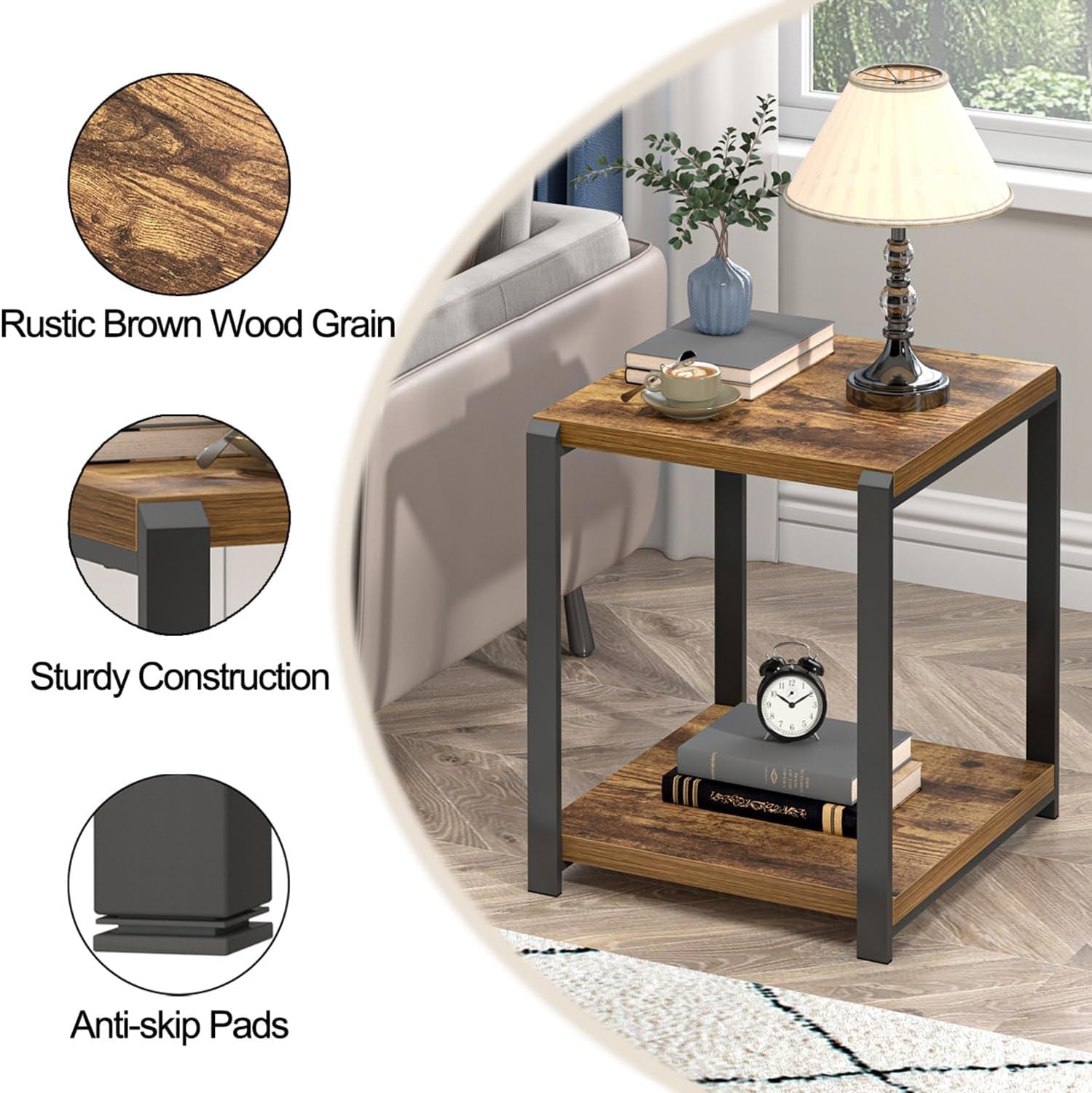 End Table with Storage Shelf, Modern Side Table for Living Room, Wood and Metal Bedside Table Nightstand, Rustic Brown