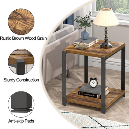 End Table with Storage Shelf, Modern Side Table for Living Room, Wood and Metal Bedside Table Nightstand, Rustic Brown