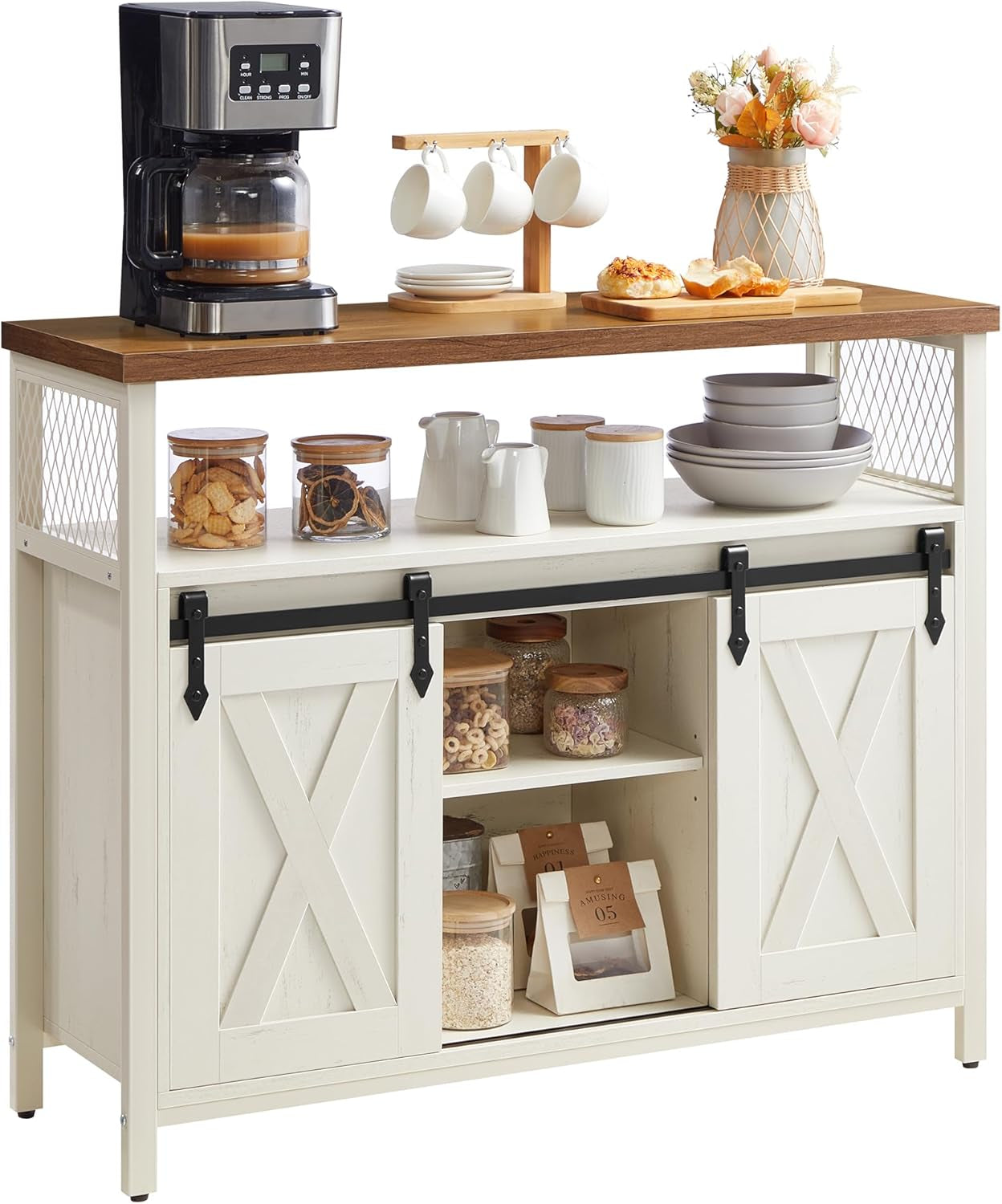 Buffet Cabinet, Coffee Bar Storage Cabinet, Sideboard with 2 Sliding Barn Doors, Adjustable Shelves, 13 X 39.4 X 31.5 Inches, for Living Room, Rustic White and Honey Brown ULSC092W01