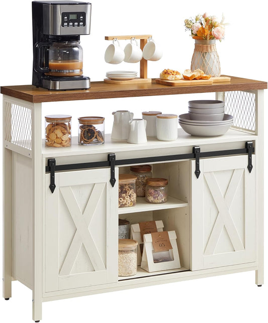 Buffet Cabinet, Coffee Bar Storage Cabinet, Sideboard with 2 Sliding Barn Doors, Adjustable Shelves, 13 X 39.4 X 31.5 Inches, for Living Room, Rustic White and Honey Brown ULSC092W01