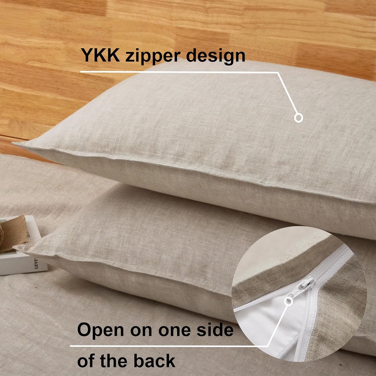 100% French Linen Pillow Cases King Size Set of 2, Luxury Washed Flax Pillow Covers with Zipper Closure - Breathable & Cooling for Hot Sleepers,20X36 Inches, Natural Linen