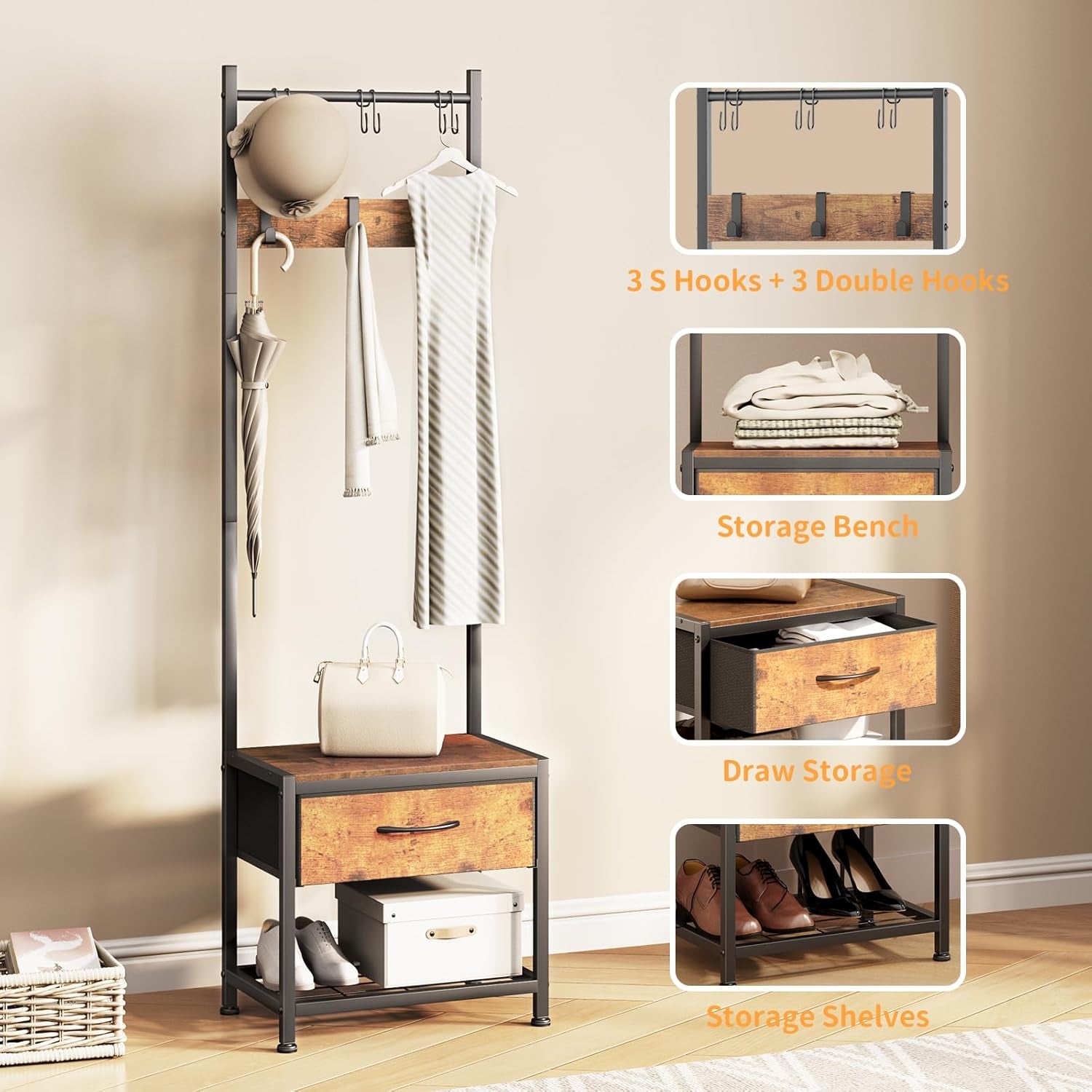 Narrow Coat Rack Shoe Bench, Hall Tree for Small Place with Drawer Storage, Shoe Bench with Cubby Storage, Wood Look Accent Furniture with Metal Frame, 3-In-1 Design (Rustic Brown)