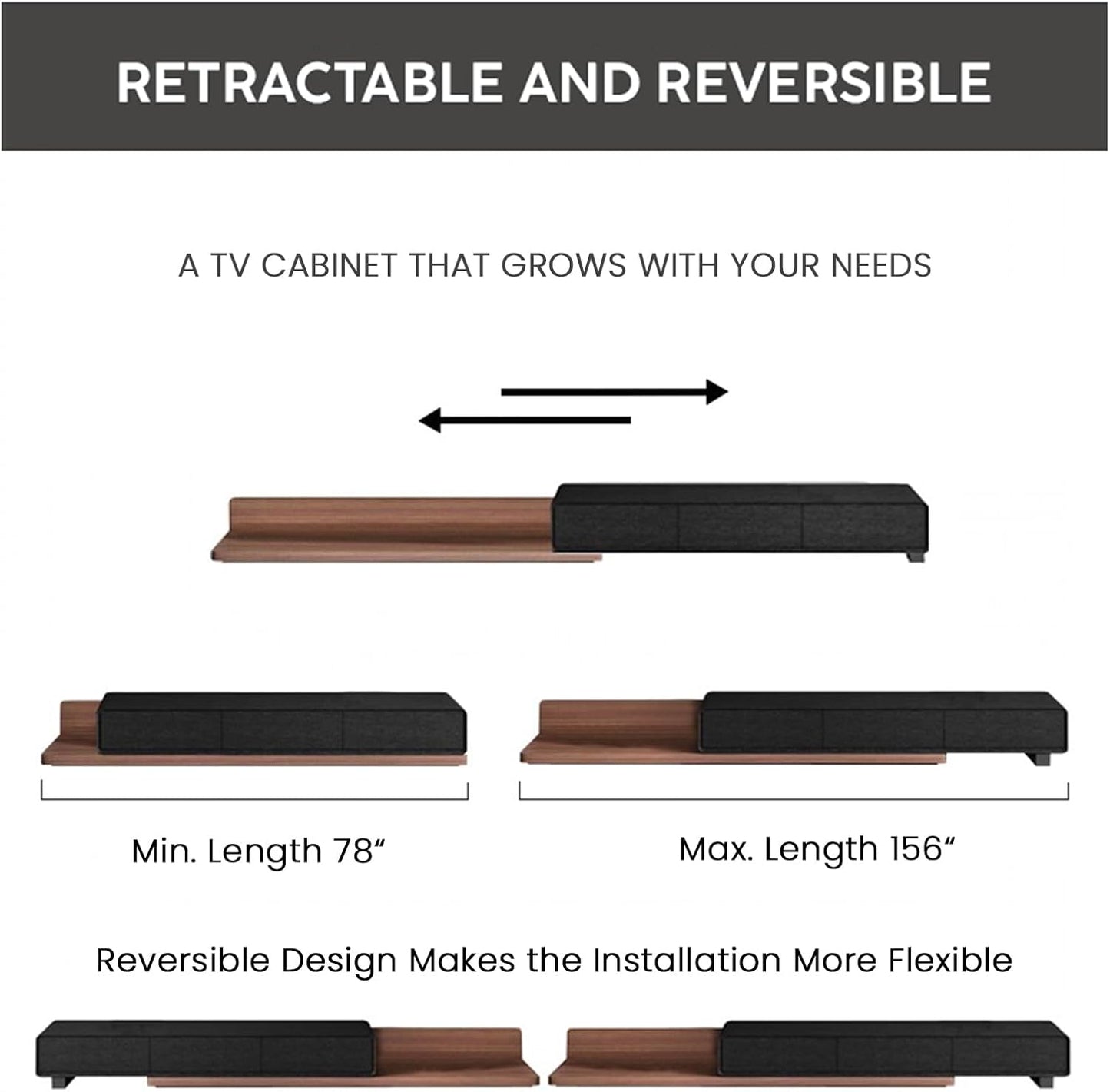 78"-156" Retractable TV Stand Partial Assemble Modern Entertainment Center with Storage Wood Media Console Extendable Low Reversible TV Stand with Drawers Walnut Mix Oak Black