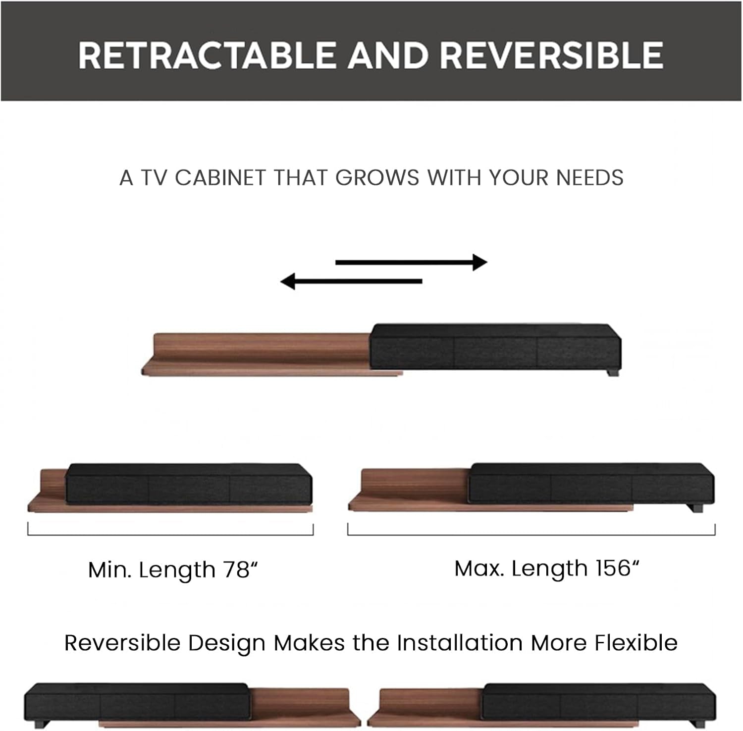 78"-156" Retractable TV Stand Partial Assemble Modern Entertainment Center with Storage Wood Media Console Extendable Low Reversible TV Stand with Drawers Walnut Mix Oak Black