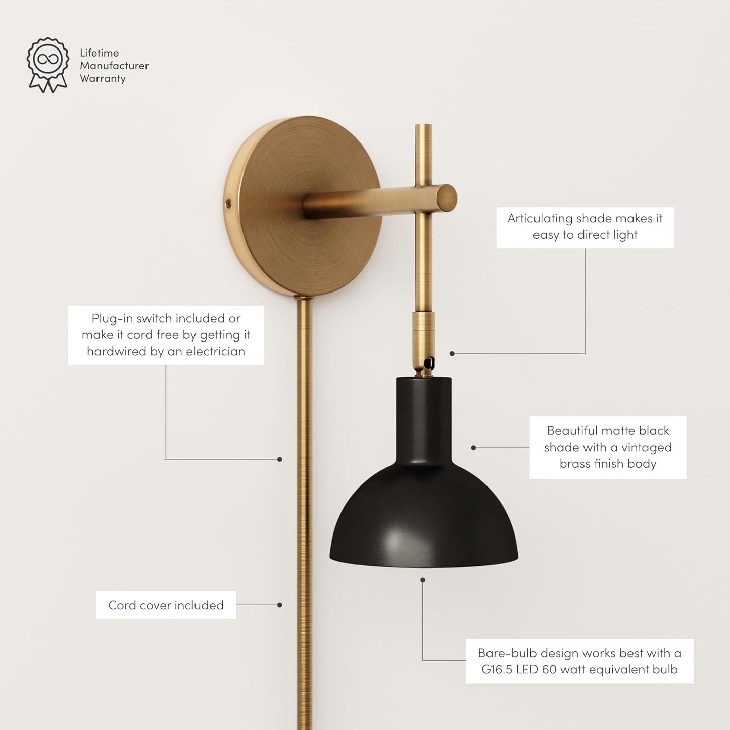 Tamlin Wall Light Fixture, Wall Mounted 1-Light Lamp, Plugin Sconce with On/Off Switch for Living Room, Reading Nook or Bedroom, Vintage Brass/Matte Black
