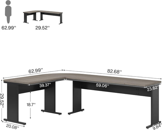 83-Inch Large L Shaped Desk, Reversible Executive Office Desk, Modern Corner Computer Table Business Workstation for Home Office (Grey)